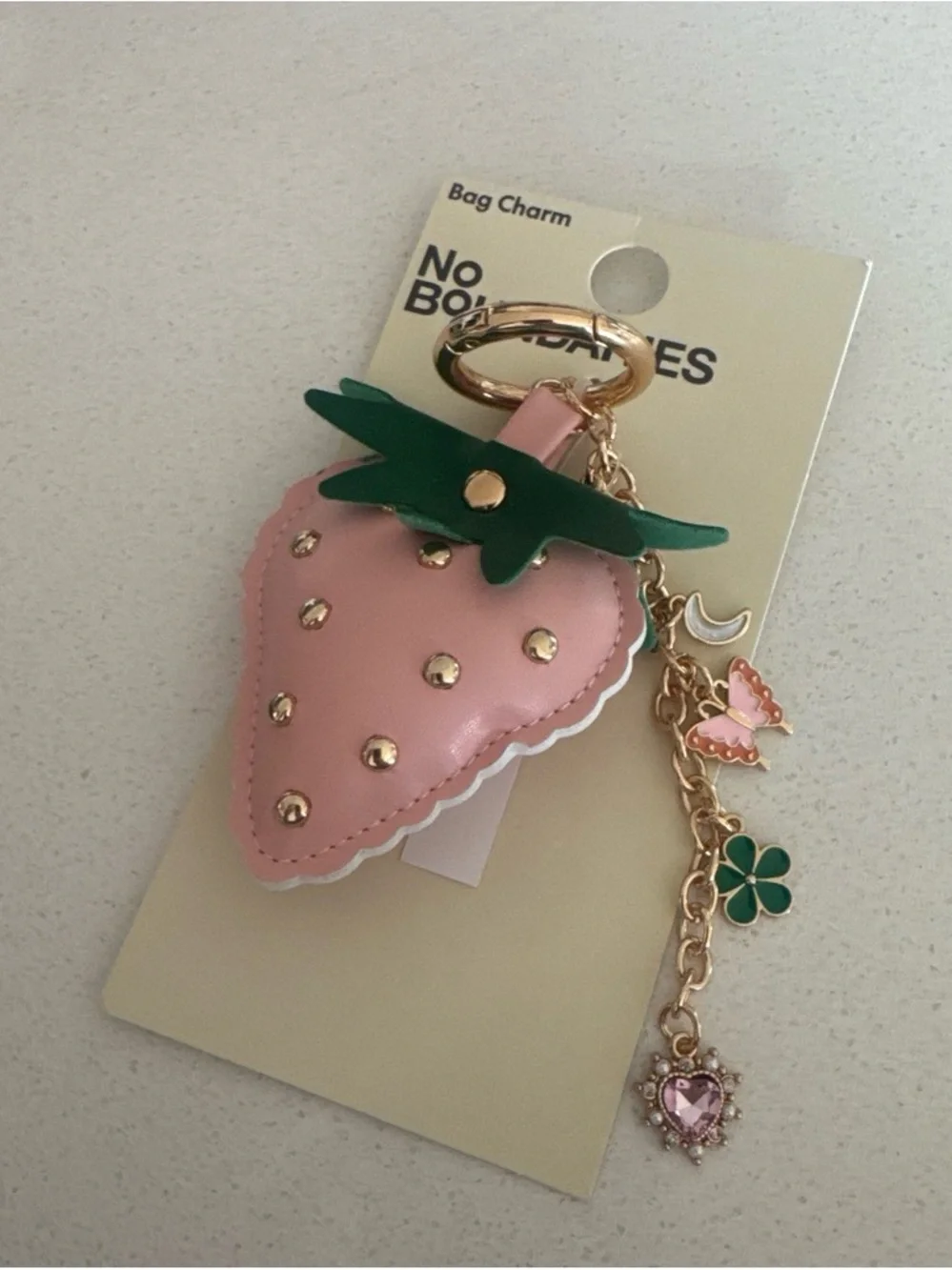 No Boundaries Pink Strawberry Key & Card Holder Charm with Gold Accents